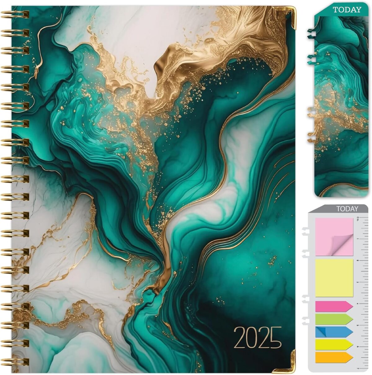 HARDCOVER 2025 Planner, 8.5"x11": 14 Months (November 2024 - December 2025), Daily Weekly Monthly Planner, Yearly Agenda, Bookmark, Pocket Folder and Sticky Note Set (Teal Gold Marble) - Image 1