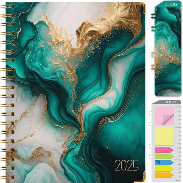 HARDCOVER 2025 Planner, 8.5"x11": 14 Months (November 2024 - December 2025), Daily Weekly Monthly Planner, Yearly Agenda, Bookmark, Pocket Folder and Sticky Note Set (Teal Gold Marble)