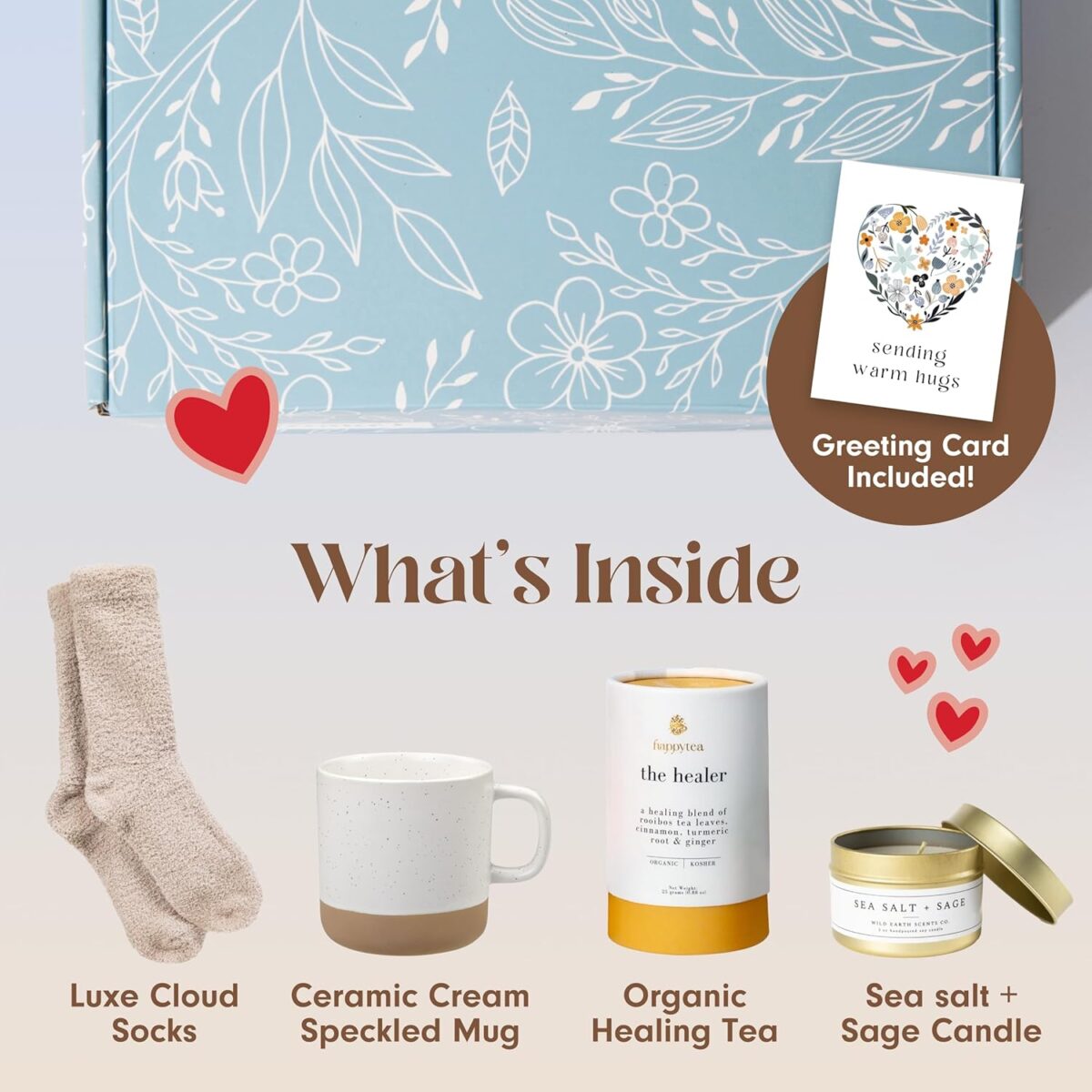 Unboxme Get Well Gift Box - USDA Organic Get Well Soon Self Care Package for Women | Fluffy Socks, Mug, Lemon & Ginger Tea Set, Sea Salt, Sage Scented Candle, Sending Hugs Card | Feel Better Basket - Image 3