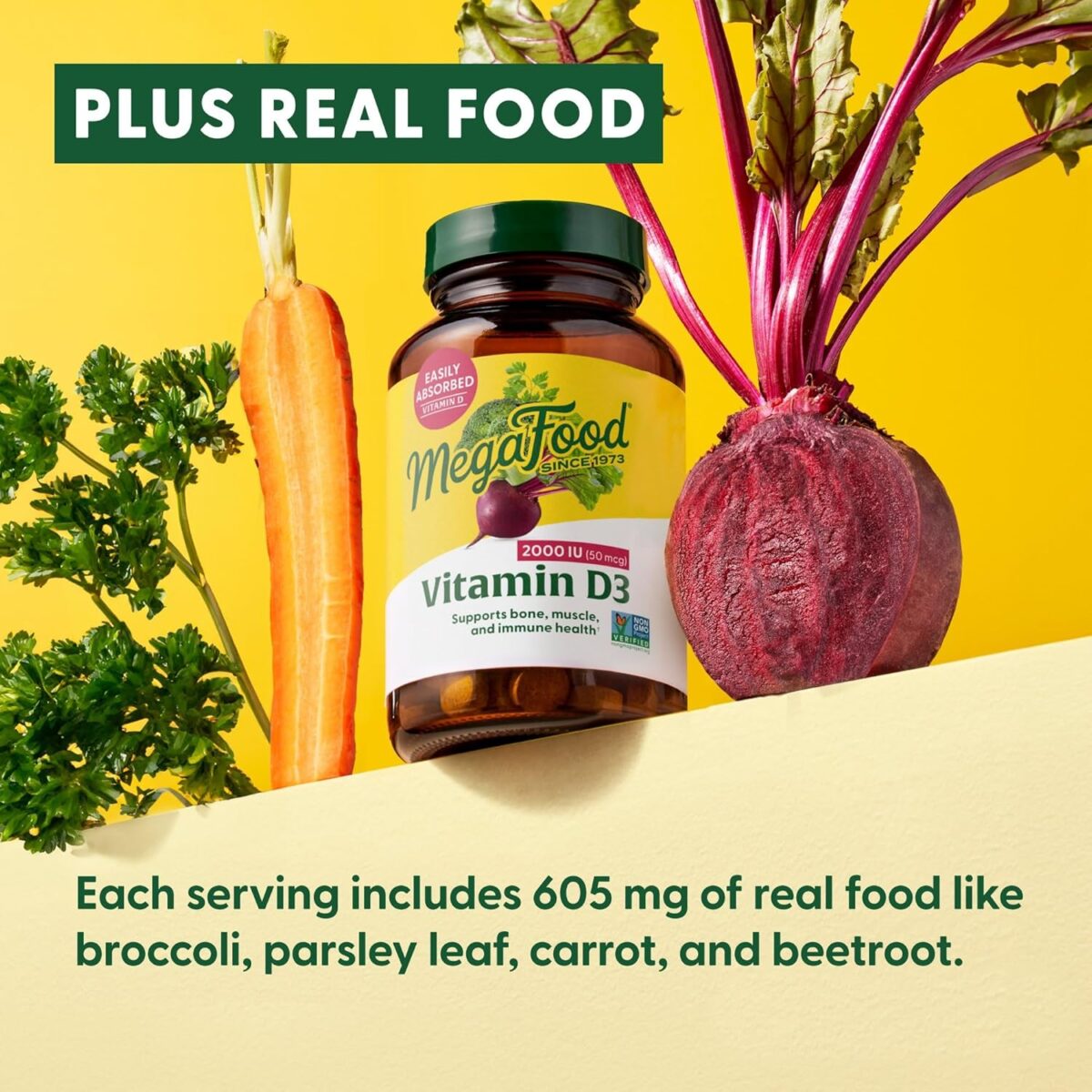 MegaFood Vitamin D3 2000 IU (50 mcg) - Vitamin D Supplements With Real Food, Immune Support, Supports Bones, Teeth & Muscles, Vegetarian, Certified Non-GMO, Kosher – 90 Tablets, 90 Servings - Image 4