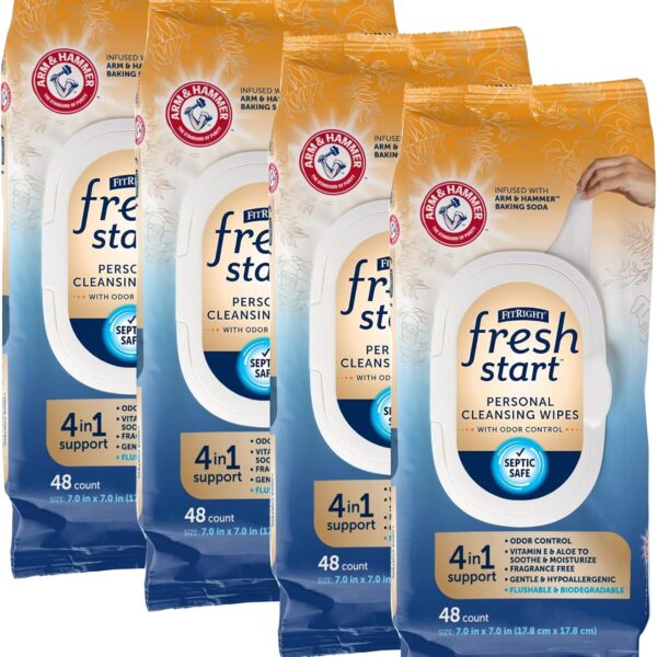 FitRight Fresh Start Flushable & Biodegradable Personal Cleansing Wipes, 192 Wipes (48 Wipes, 4 Packs), for Urinary Incontinence with The Odor-Control Power of ARM & HAMMER Baking Soda