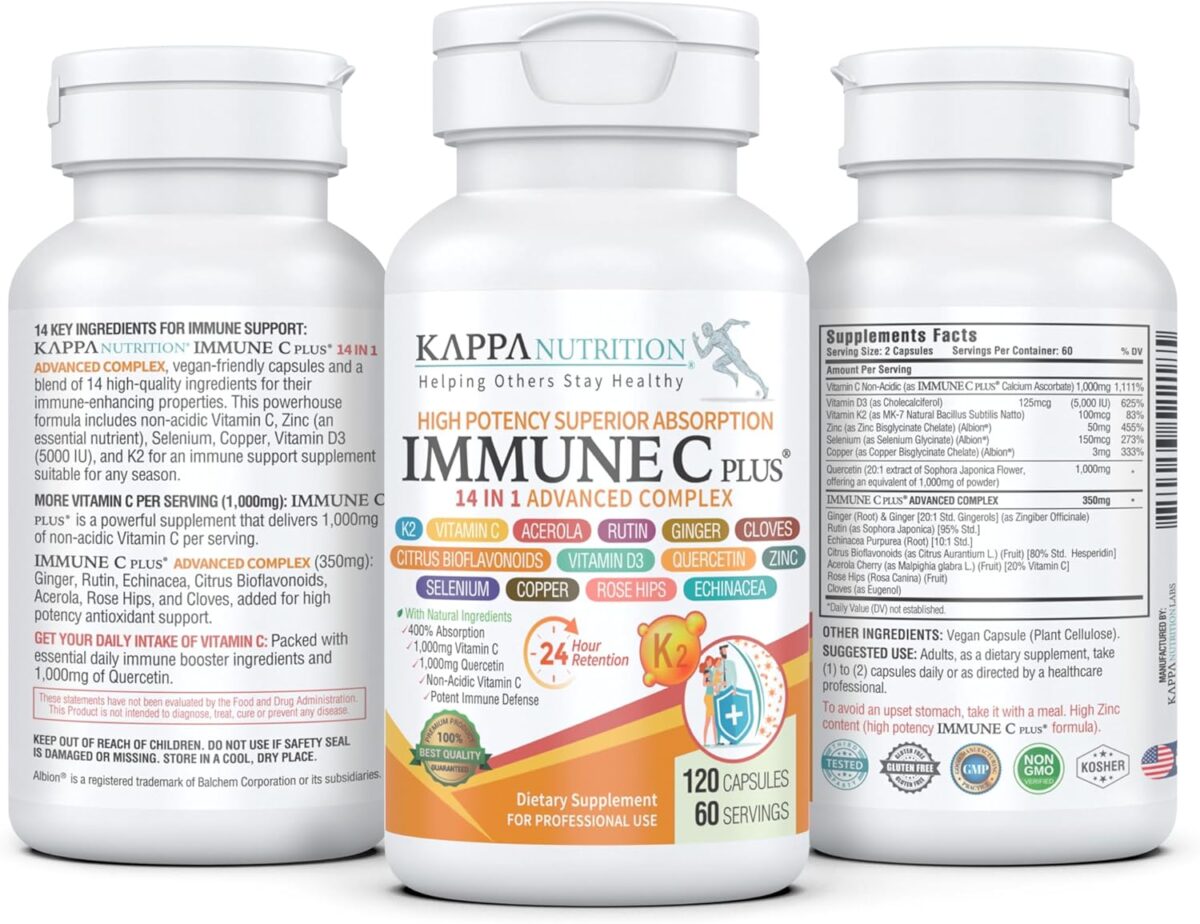 Quercetin 1,000mg, Vitamin C 1,000mg, Zinc 50mg, Vitamin D3 5,000iu, Selenium, Copper, Acerola, Ginger, Rutin, Bitter Orange, Rose Hips, Echinacea, Immune C Plus, 14 in 1 Immune C Plus (120 Count) - Image 2