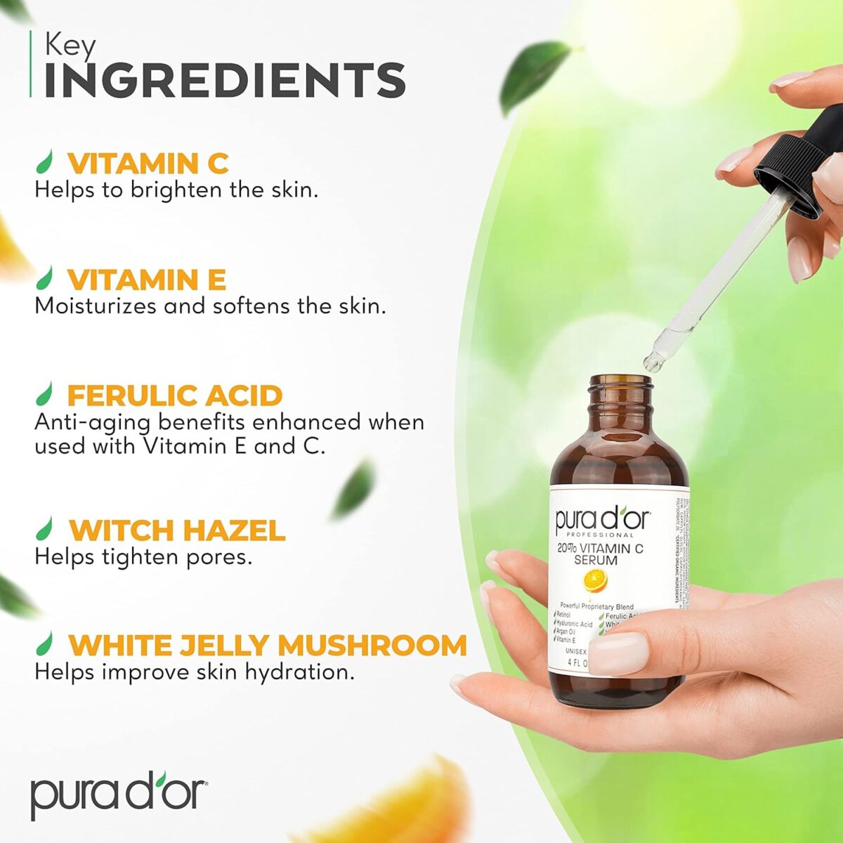 PURA D'OR 20% Vitamin C Serum 4 Oz - Lightweight Maximum Strength Formula - Retinol, Hyaluronic Acid, Ferulic Acid - Professional Grade Treatment For Face & Eyes, Wrinkles - Men & Women - Image 5