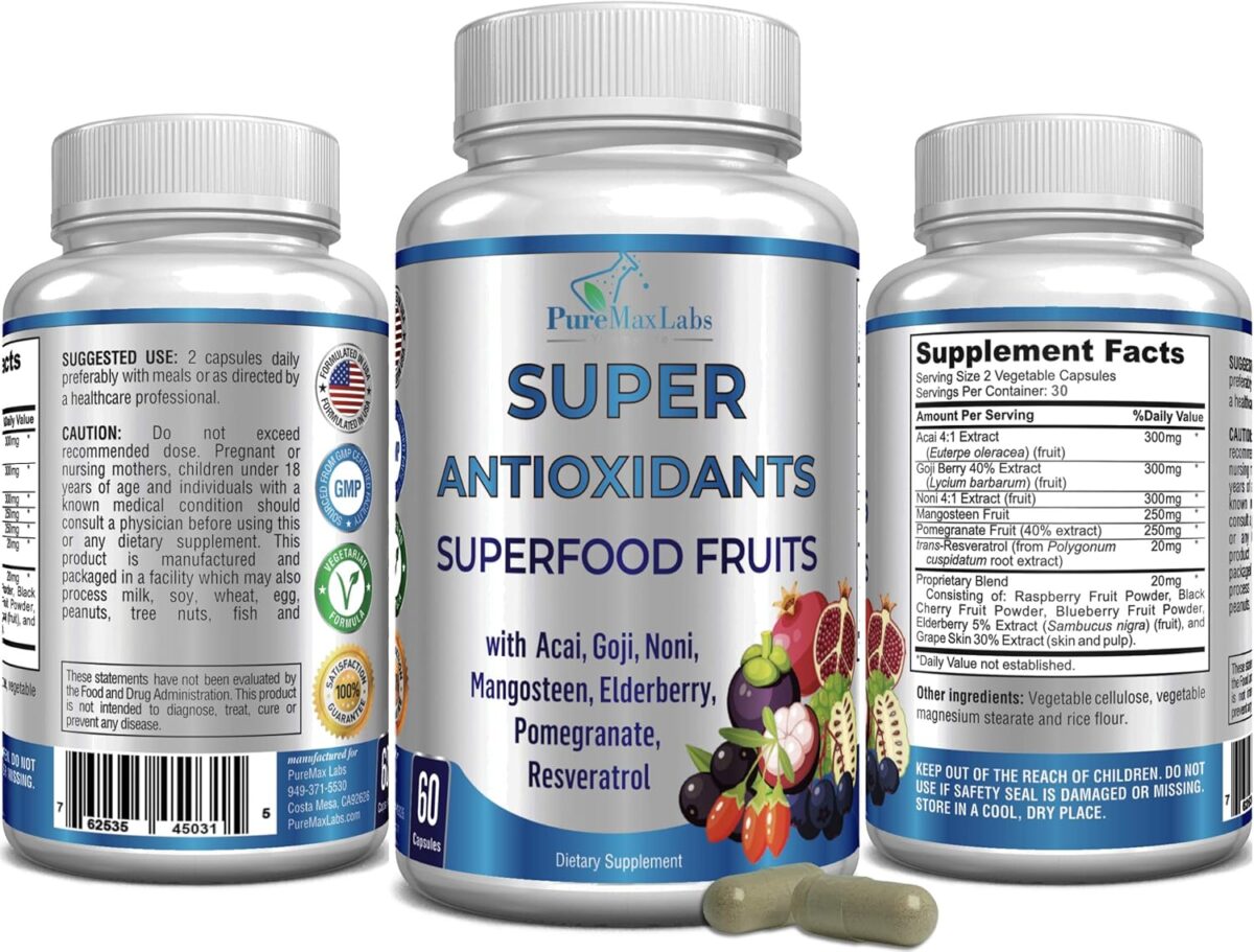 Super Antioxidant Fruit Superfood Complex - Powerful Antioxidant Superfruits, Acai, Goji, Noni, Mangosteen, Pomegranate, Elderberry, Resveratrol, Immune Support, Skin Care - 60 Capsules - Image 5