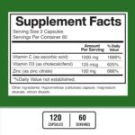 American Standard Supplements Zinc 100mg, Vitamin C 1000mg, and Vitamin D3 5000 IU (125mcg) Per Serving - Gluten Free, Non-GMO, 120 Capsules, 60 Servings - Image 3