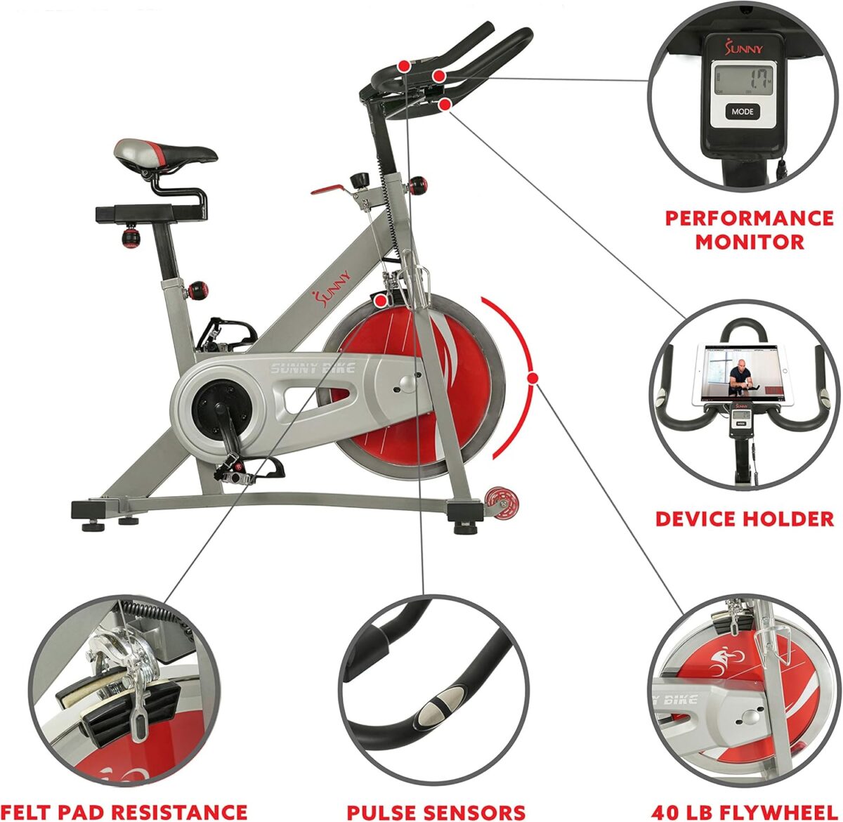 Sunny Health & Fitness Pro Cycling Stationary Bike, 40 LB Flywheel & 4-Way Adjustable Seat for Home Exercise & Indoor Cycle/Cardio Workout, Optional Free SunnyFit App Bluetooth Connection - Image 3