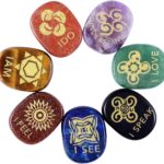 mookaitedecor 7 Piece Chakra Stones Engraved English Symbols Polished Palm Stones for Reiki Crystal Healing