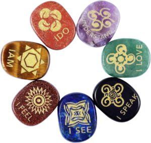 mookaitedecor 7 Piece Chakra Stones Engraved English Symbols Polished Palm Stones for Reiki Crystal Healing