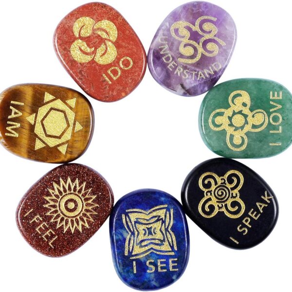 mookaitedecor 7 Piece Chakra Stones Engraved English Symbols Polished Palm Stones for Reiki Crystal Healing