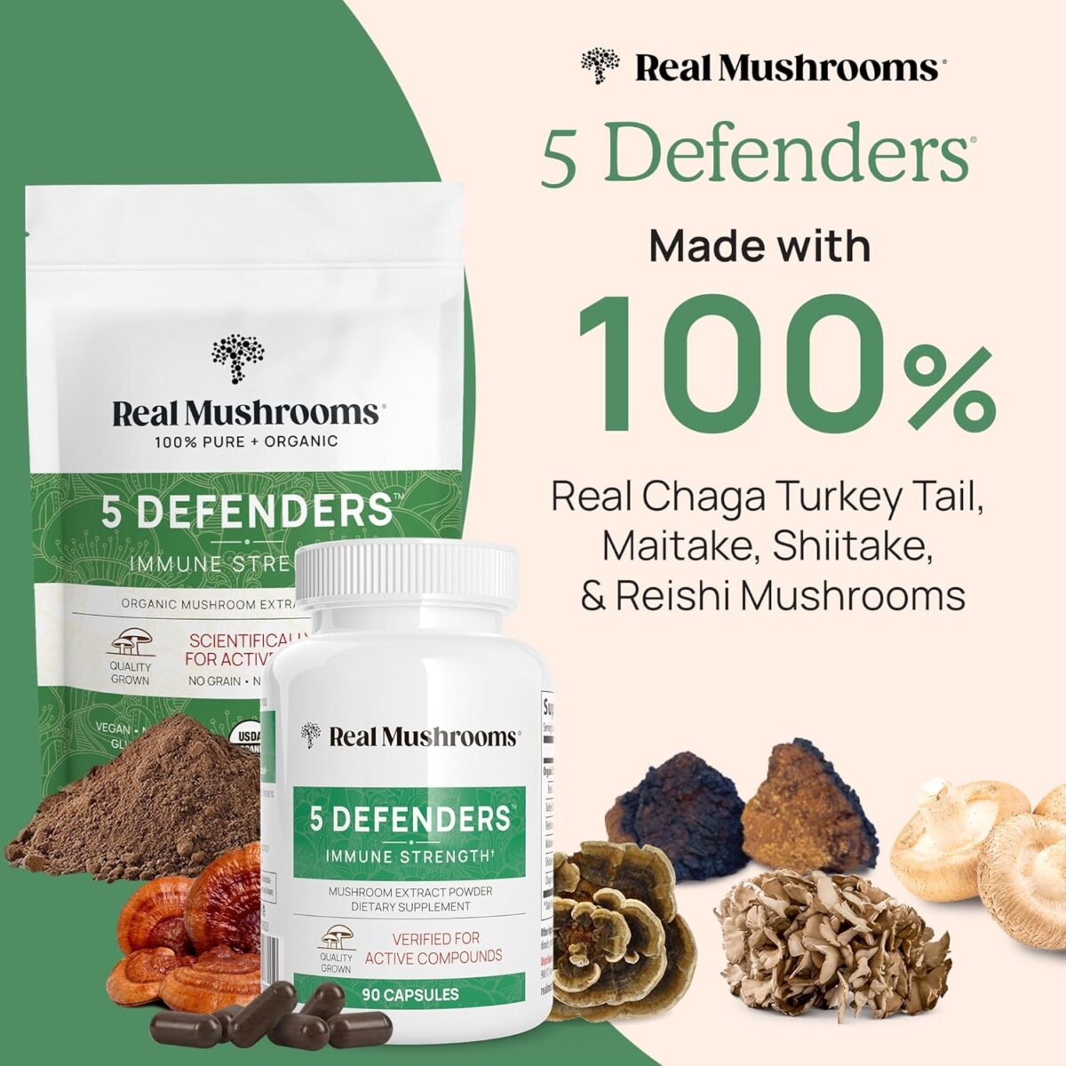 Real Mushrooms 5 Defenders Capsules - Organic Mushroom Extract w/Chaga, Shiitake, Maitake, Turkey Tail, Reishi Supplement for Focus, Immune Support Vegan, Non-GMO, 90 Caps - Image 2