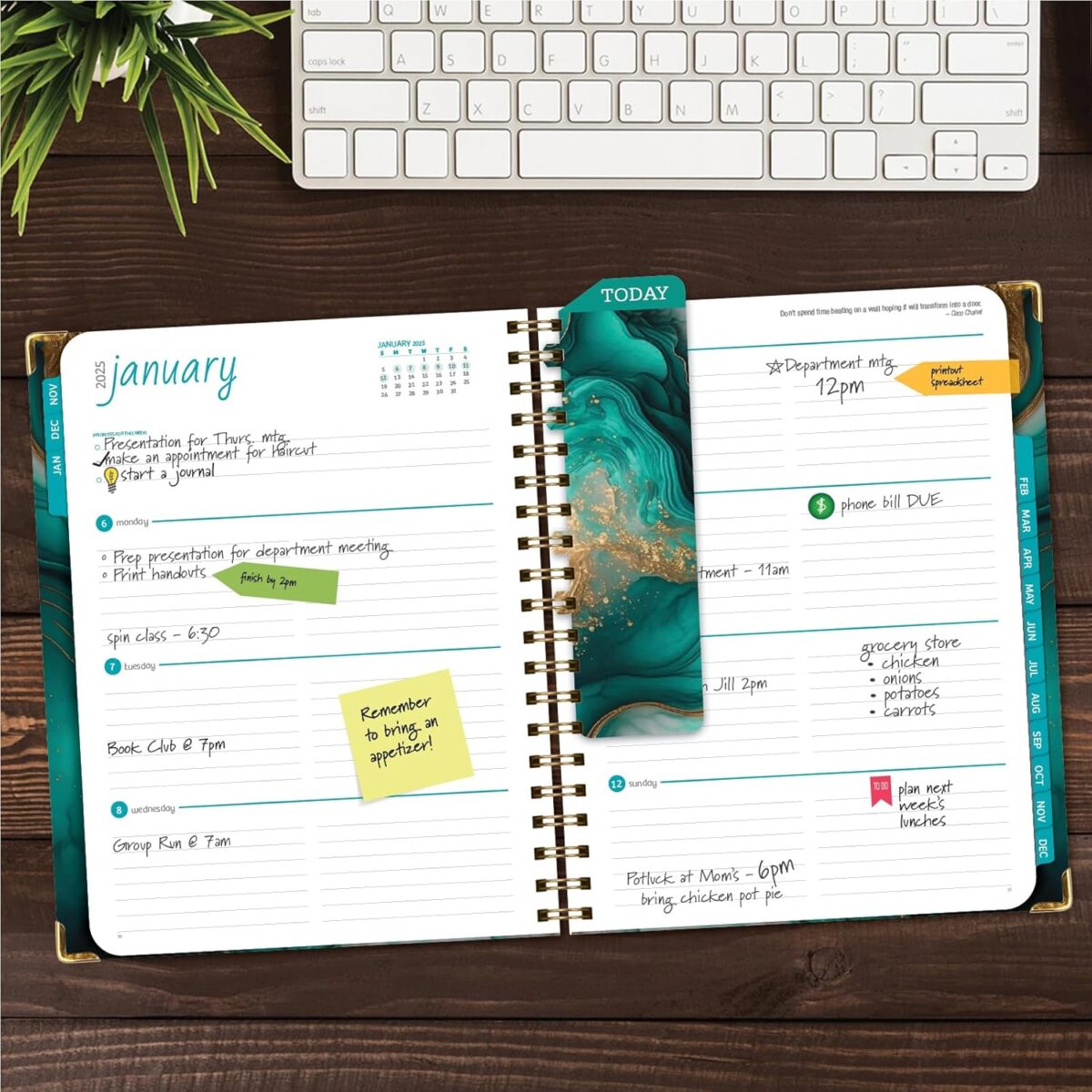 HARDCOVER 2025 Planner, 8.5"x11": 14 Months (November 2024 - December 2025), Daily Weekly Monthly Planner, Yearly Agenda, Bookmark, Pocket Folder and Sticky Note Set (Teal Gold Marble) - Image 7