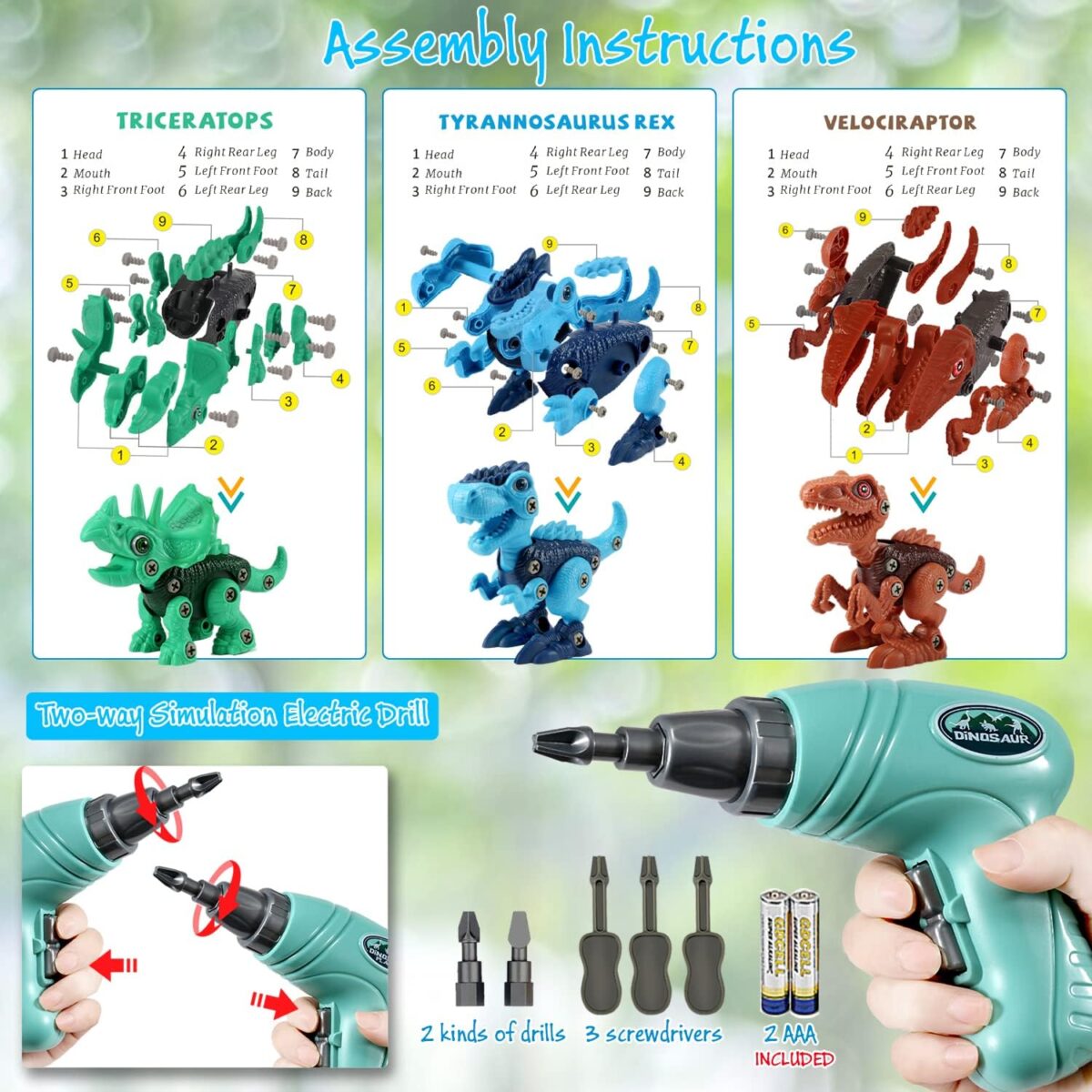 FREE TO FLY Dinosaur Toys for Kids 3-5: Take Apart STEM Learning Toys, Building Construction Sets with Electric Drill, Birthday Gifts for Boys Girls Age 4 5 6 7 8 Year Old - Image 4