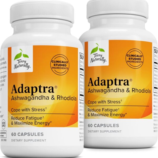 Terry Naturally Adaptra - Supplement to Support Adrenal Health - Ashwagandha Supplement with Rhodiola Rosea Extract - Herbal Supplement to Support Energy & Concentration - 60 Capsules (Pack of 2)