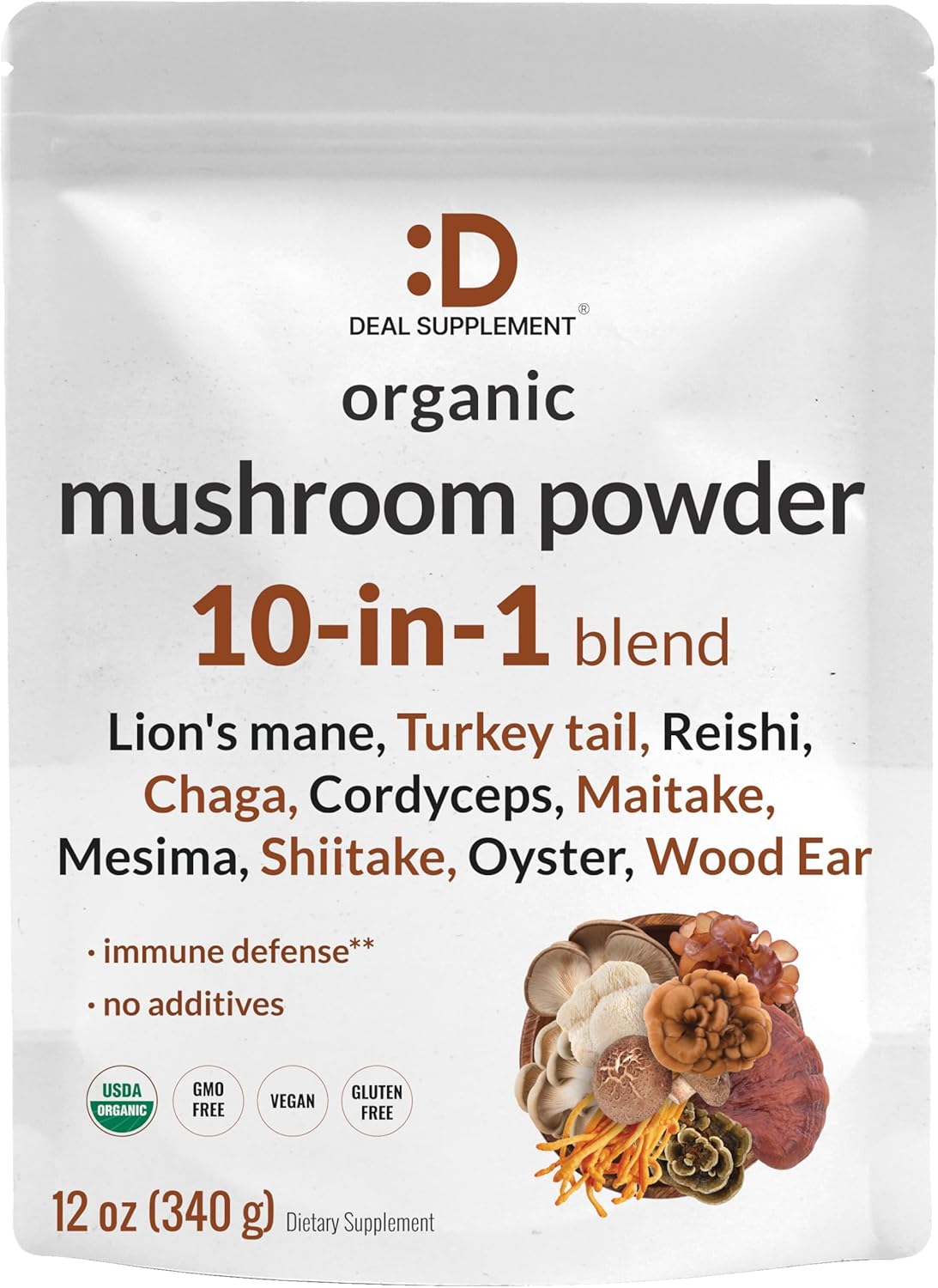 81fuDhgJPCL._AC_SL1500_.jpg DEAL SUPPLEMENT Organic Mushroom Powder Supplement, 12oz – 10 in 1 Active Blend – Shiitake, Lions Mane, Cordyceps, Chaga, with More –Supports Immune, Energy, & Brain Health – Non-GMO, Vegan - Image 1