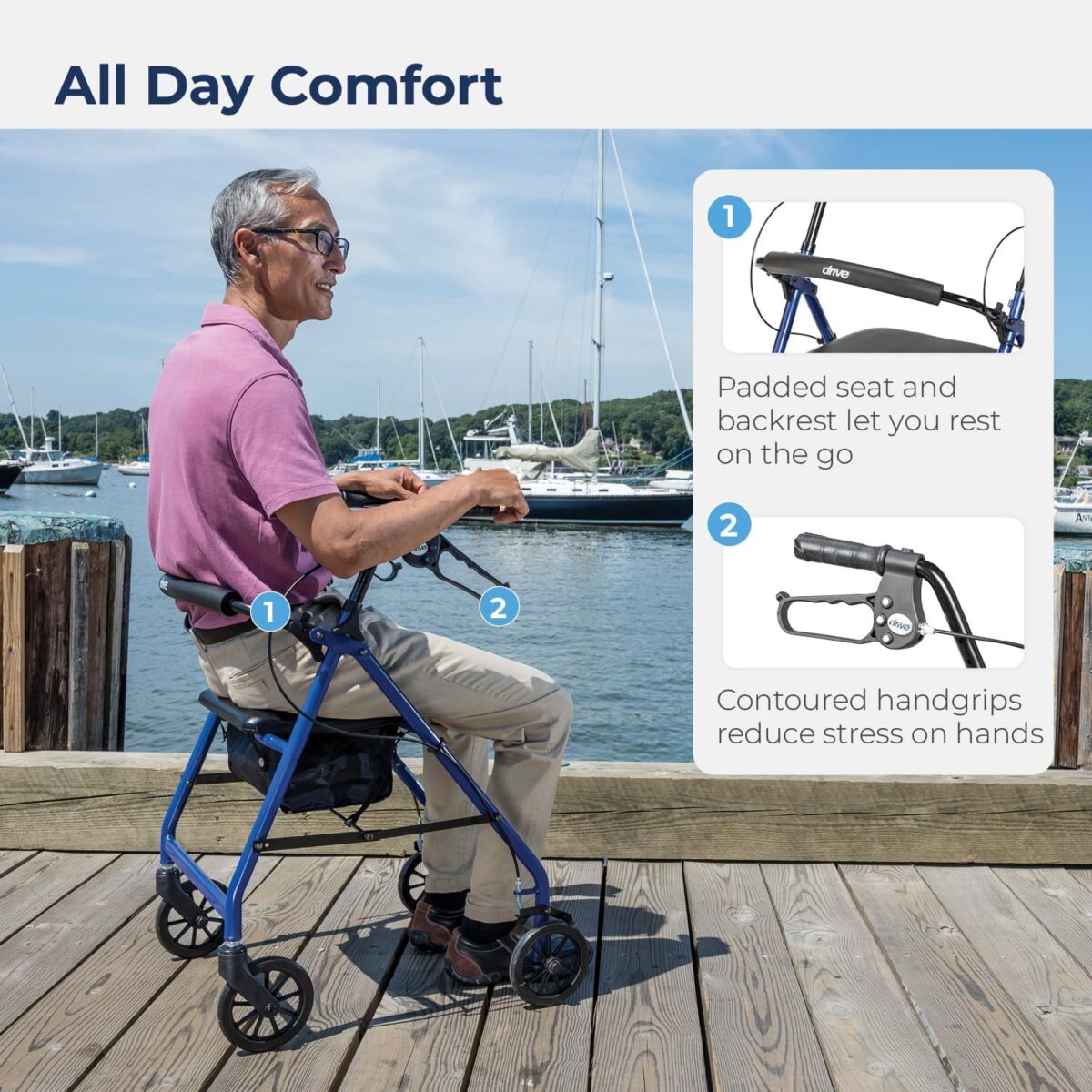 Drive Medical Aluminum Rollator Walker Fold Up and Removable Back Support, Padded Seat, 6" Wheels, Blue,R726BL - Image 3