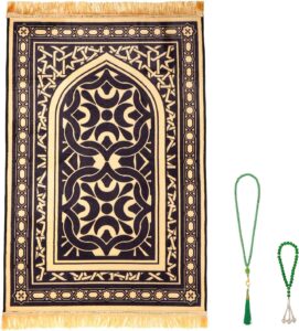 Thick Prayer Mat, Soft Muslim Prayer Rug Islam Men Women, Praying Mat with Islamic Prayer Beads for Muslim Eid Travel Ramadan Gifts, Qibla(Black)