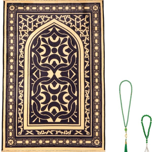 Thick Prayer Mat, Soft Muslim Prayer Rug Islam Men Women, Praying Mat with Islamic Prayer Beads for Muslim Eid Travel Ramadan Gifts, Qibla(Black)