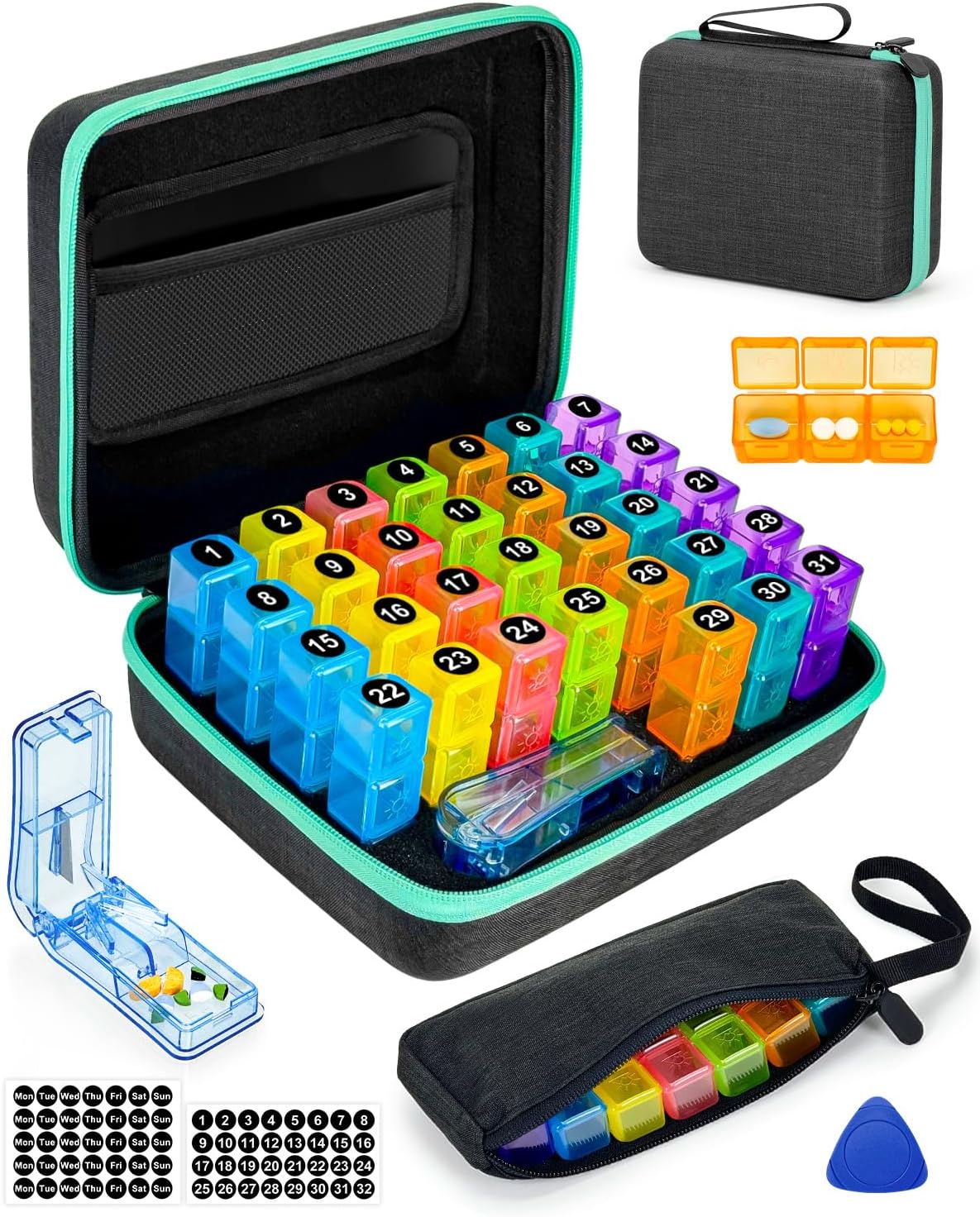 81g9ZCYqwkL._AC_SL1500_.jpg Monthly Pill Organizer 3 Times a Day, with Portable Hard Shell, Pill Cutter, 31-Day Box, Plastic Opening Pick, Monthly & Weekly Stickers, Convenient Medication Management (3 Times a Day) - Image 1