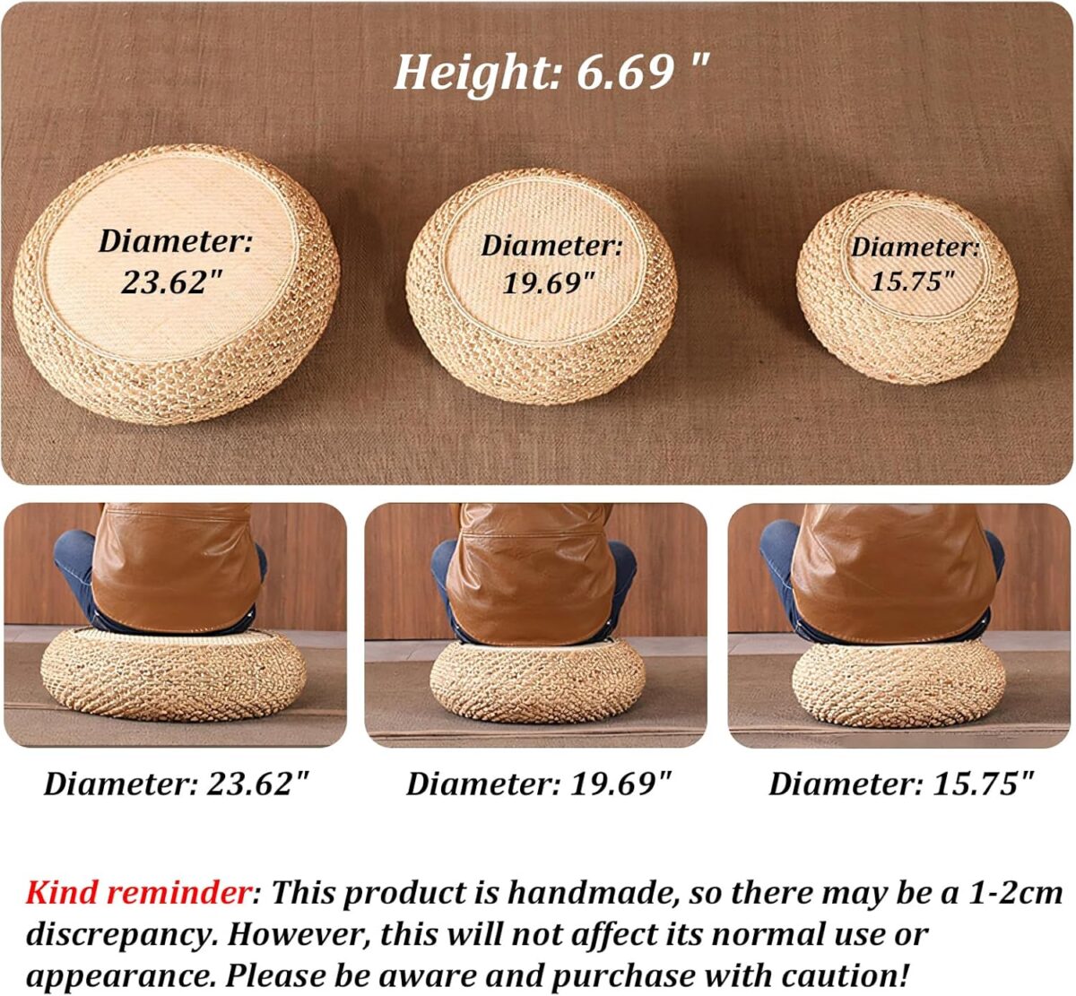 Seat Cushion, Tatami Floor Pillow Sitting Cushion, Round Sitting Padded Hand Woven Padded Knitted Straw Mat, Ottoman Footstool for Meditation, Zen, Yoga (19.69" Dia. x 6.70" H) - Image 2
