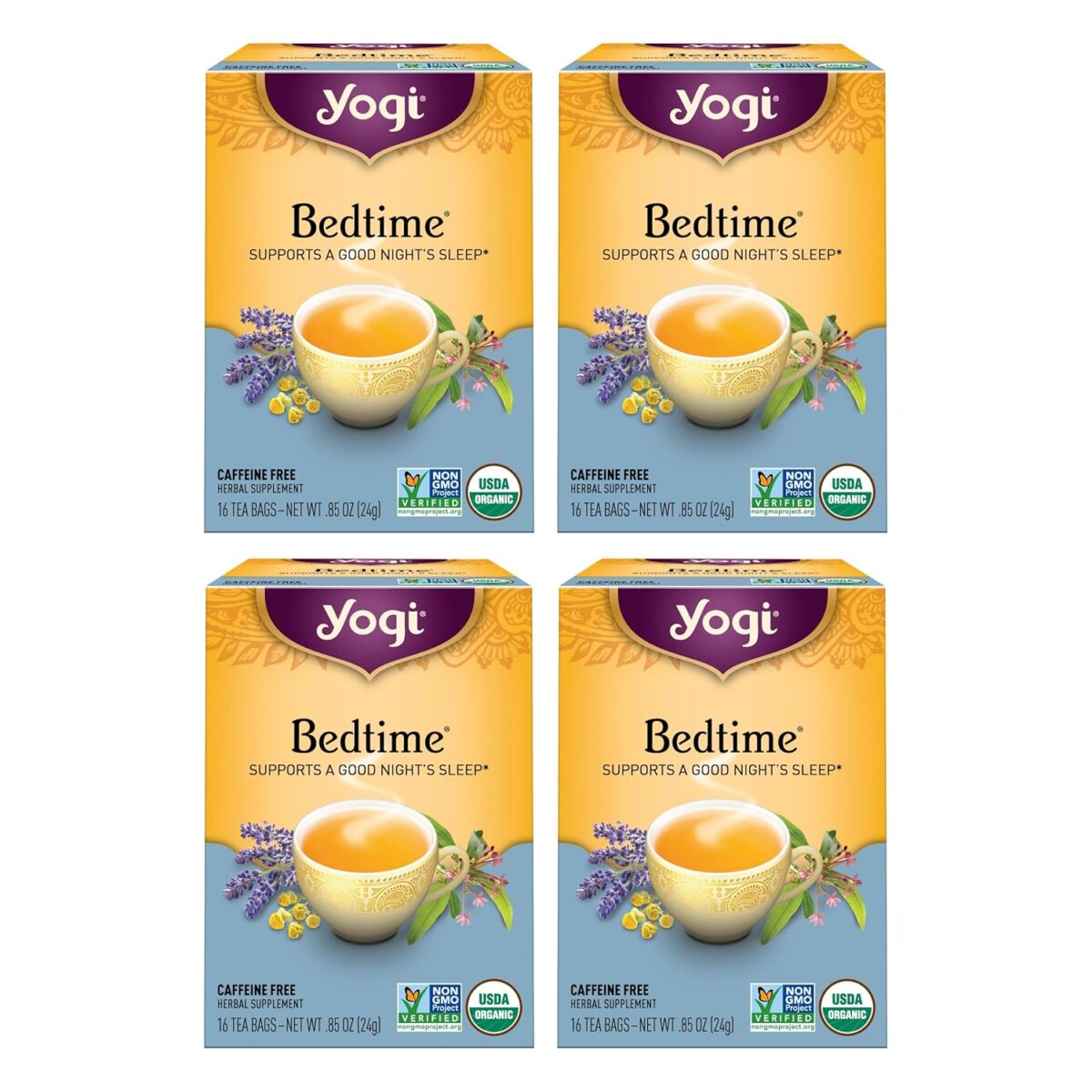 Yogi Tea Bedtime Tea - 16 Tea Bags per Pack (4 Packs) - Chamomile & Passionflower Herbal Tea Blend - Tea to Support a Good Night's Sleep - Includes Lavender, Licorice Root, Spearmint & Cardamom - Image 1