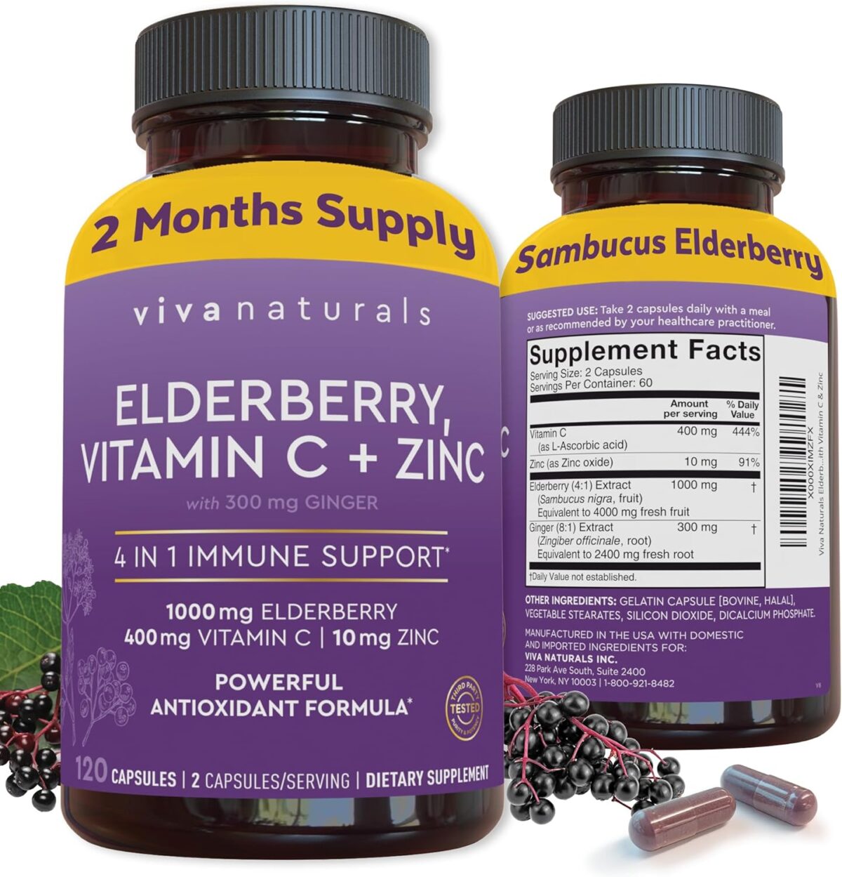 Viva Naturals Elderberry with Vitamin C and Zinc (120 Capsules) - 1000mg Sambucus Elderberry Immune Support Supplement, Black Elderberry Capsules for Adults, Elderberry Vitamins - 2 Months Supply - Image 1