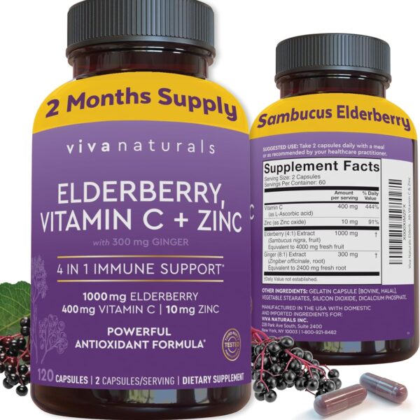 Viva Naturals Elderberry with Vitamin C and Zinc (120 Capsules) - 1000mg Sambucus Elderberry Immune Support Supplement, Black Elderberry Capsules for Adults, Elderberry Vitamins - 2 Months Supply
