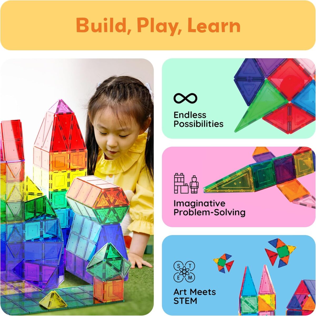 PicassoTiles Magnetic Tiles 60pcs Kids Toys Classroom Sensory Toy for Toddlers STEM Learning Building Blocks, Montessori Pretend Play Magnet Tile Construction Stacking Block Boys Girls Ages 3+ PT60 - Image 3