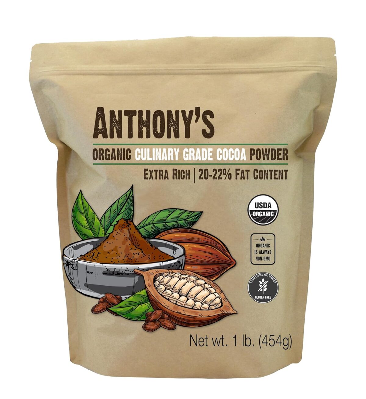 Anthony's Organic Culinary Grade Cocoa Powder, 1 lb, Dutch Processed Baking Cocoa, Gluten Free, Non GMO, Keto Friendly - Image 1