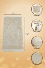 ihvan Online Muslim Prayer Rug and Beads with Portable Elegant Fabric Bag, Janamaz, Sajadah, Soft Islamic Prayers Rug, Islamic Gifts for Eid Ramadan, Travel Prayer Carpet Mat, Taffeta Fabric, Ecru - Image 3