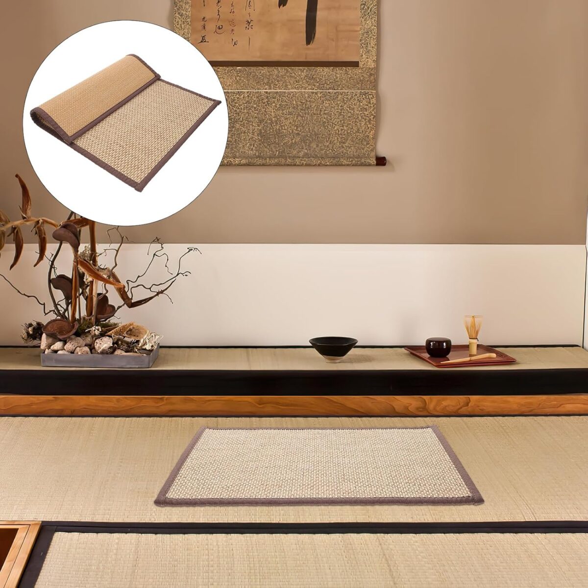 Bamboo Rug Woven Straw Seat Cushion Japanese Style Rattan Futon Sitting Pad Tatami Floor Pillow for Zen Garden Yoga Practice or Buddha Meditation Light Brown Japanese Tatami Mat - Image 7