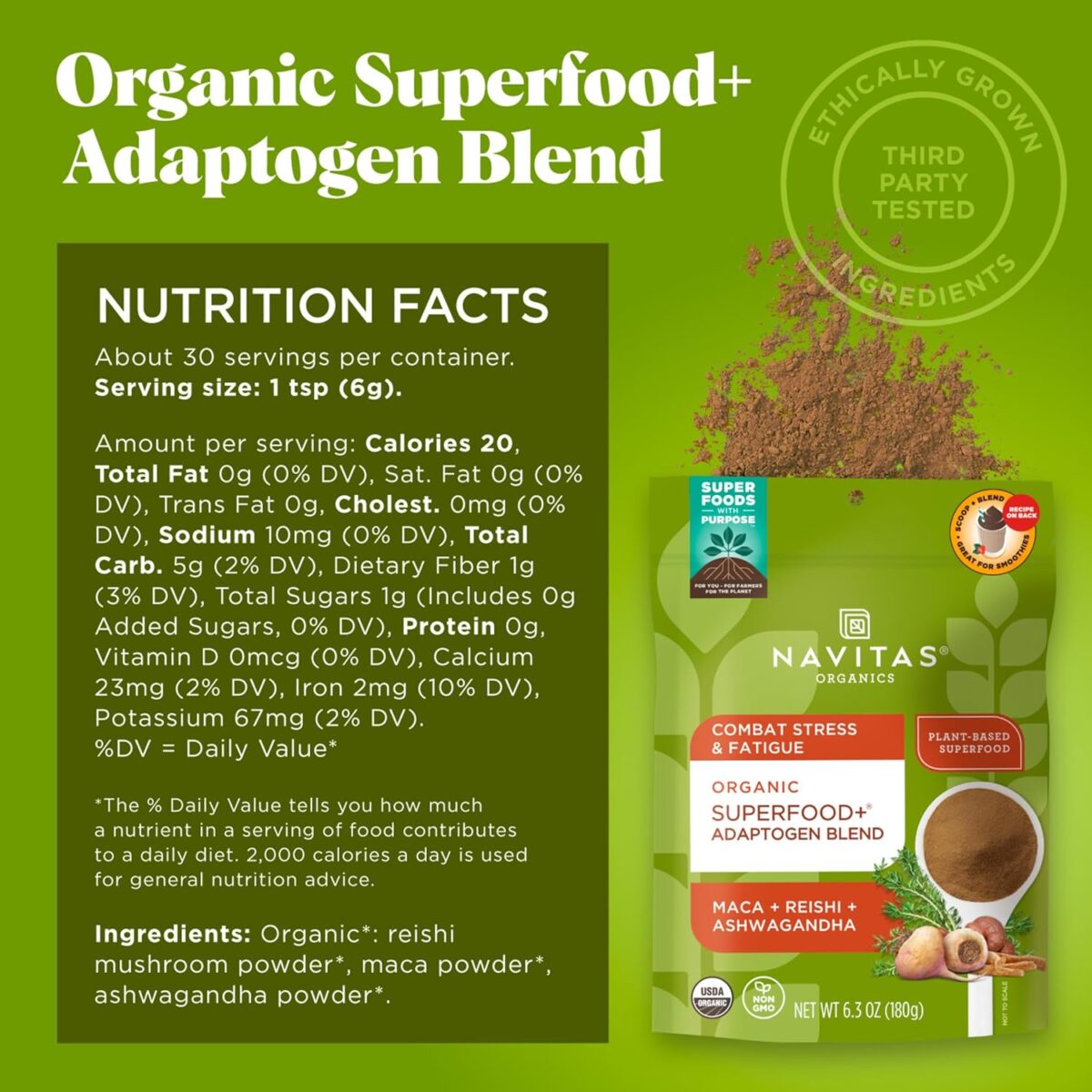 Navitas Organics Superfood+ Adaptogen Blend for Stress Support (Maca + Reishi + Ashwagandha), 6.3oz Bag, 30 Servings — Organic, Non-GMO, Vegan, Gluten-Free, Keto & Paleo. - Image 2
