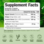 Turmeric Curcumin with Black Pepper and Ginkgo Biloba supplements. Natural Turmeric Supplement with Organic Tumeric to aid Joint Health, Brain Clarity, Focus, Memory, and Concentration. Vegan. 60 Caps - Image 3