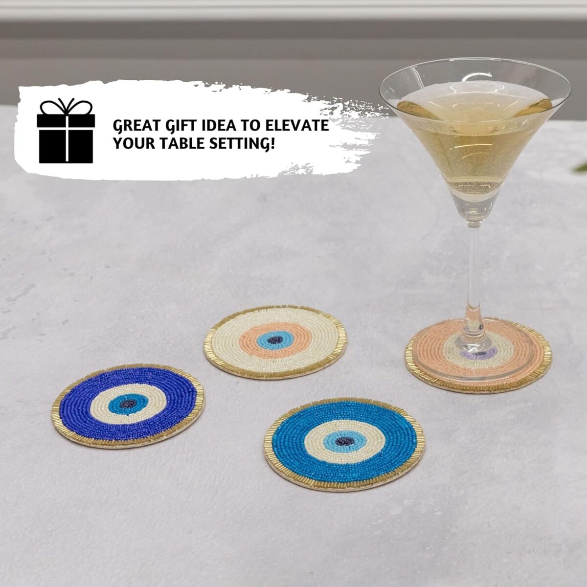 Folkulture Beaded Coasters for Drinks| Set of 4 Round Decorative Bar Easter Coaster for Easters Party| Cute Boho Coaster' for Cocktail| Evil Eye Gifts for Women (4") - Image 4