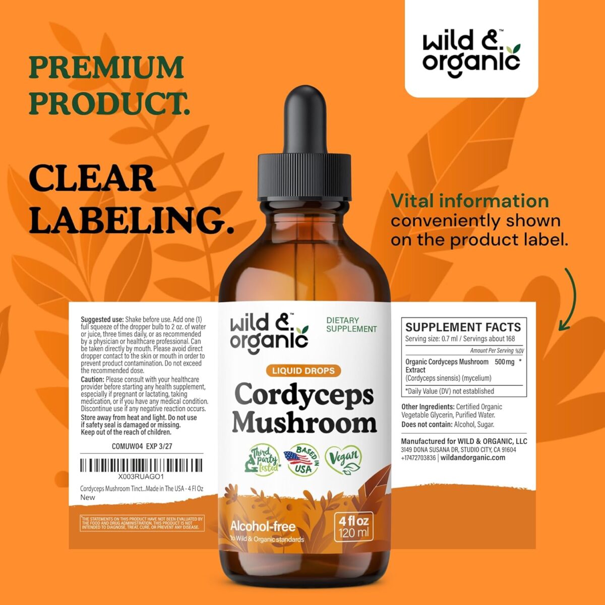Wild & Organic Cordyceps Tincture - Cordyceps Sinensis Mushroom Extract for Immune & Energy Support - Liquid Mushroom Supplement - Vegan, Sugar & Alcohol-Free Drops - 4 fl oz - Image 9