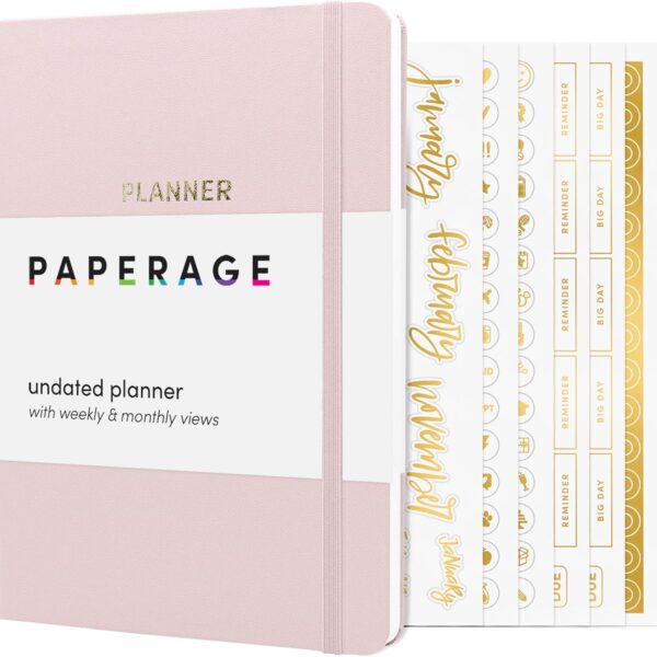 PAPERAGE Undated Weekly & Monthly Hardcover Planner (Blush), 5.7 in x 8 in, Includes Dotted Note Pages & 8 Sticker Sheets