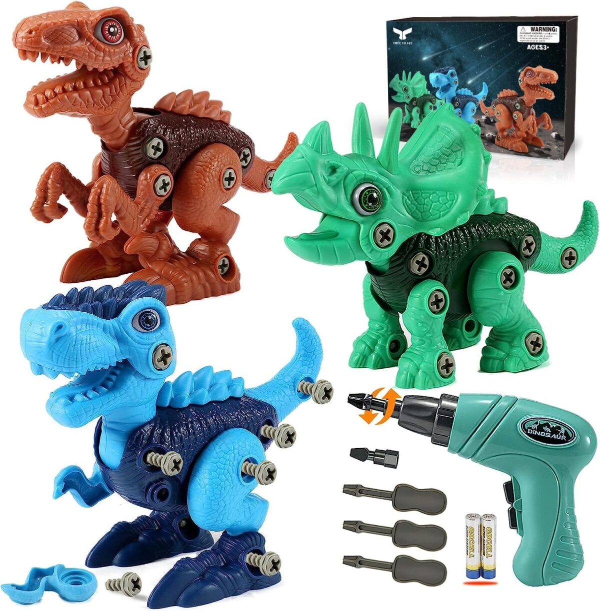 FREE TO FLY Dinosaur Toys for Kids 3-5: Take Apart STEM Learning Toys, Building Construction Sets with Electric Drill, Birthday Gifts for Boys Girls Age 4 5 6 7 8 Year Old - Image 1