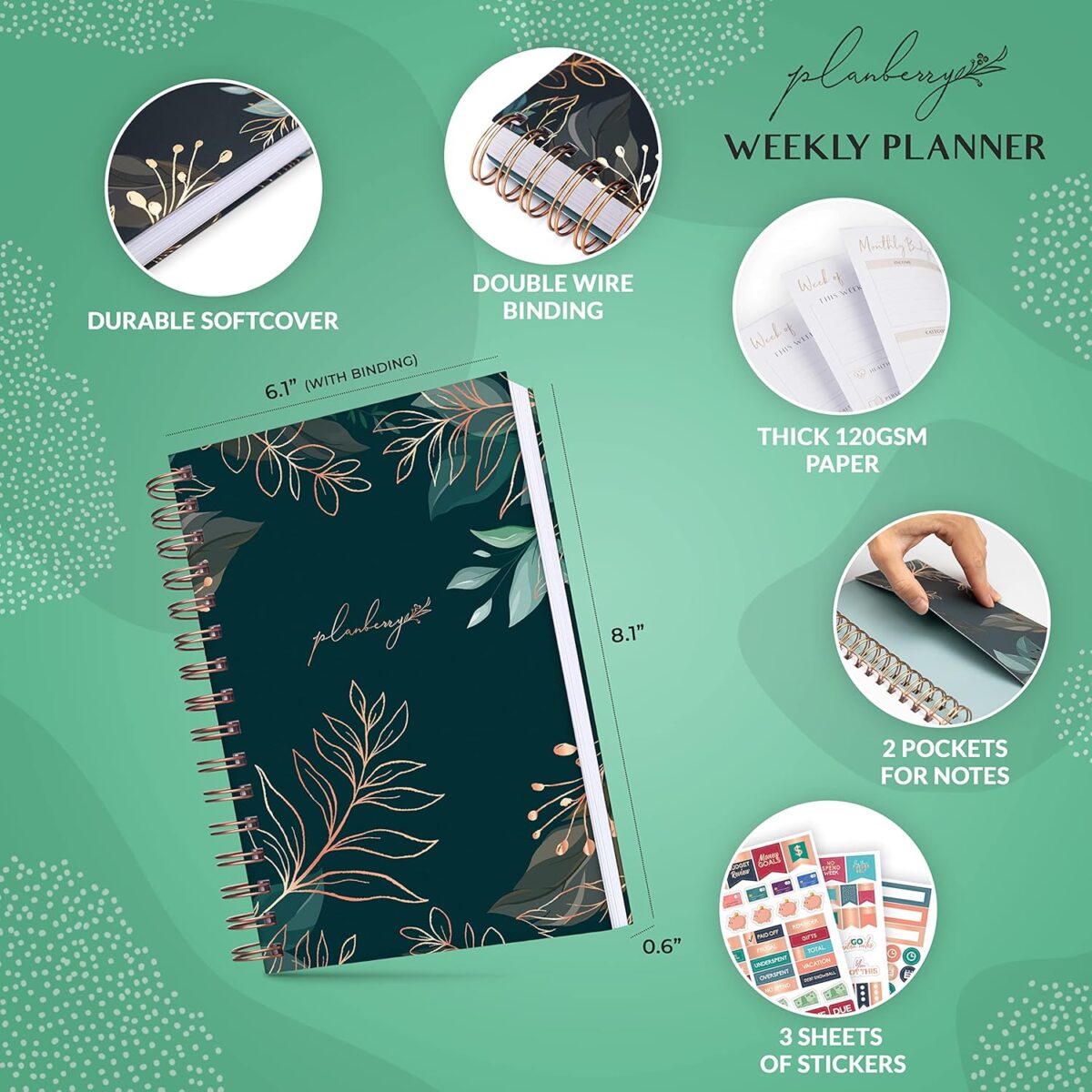 PLANBERRY Weekly Planner – Undated Life Organizer & Budget Planner – Time Management, Goal Setting, to-Do List, Work-Life Balance & Habit Tracker – 6.1″ x 8.1″ (Green Pastures) - Image 2