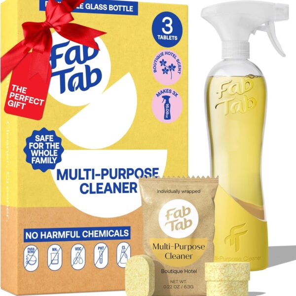 Starter Cleaning Kit - Home-friendly Cleaning Solution With Refillable Glass Bottle - Fabtab Multi-surface Cleaner Tablets For A Modern, Eco-conscious Home - Plant-Based Products