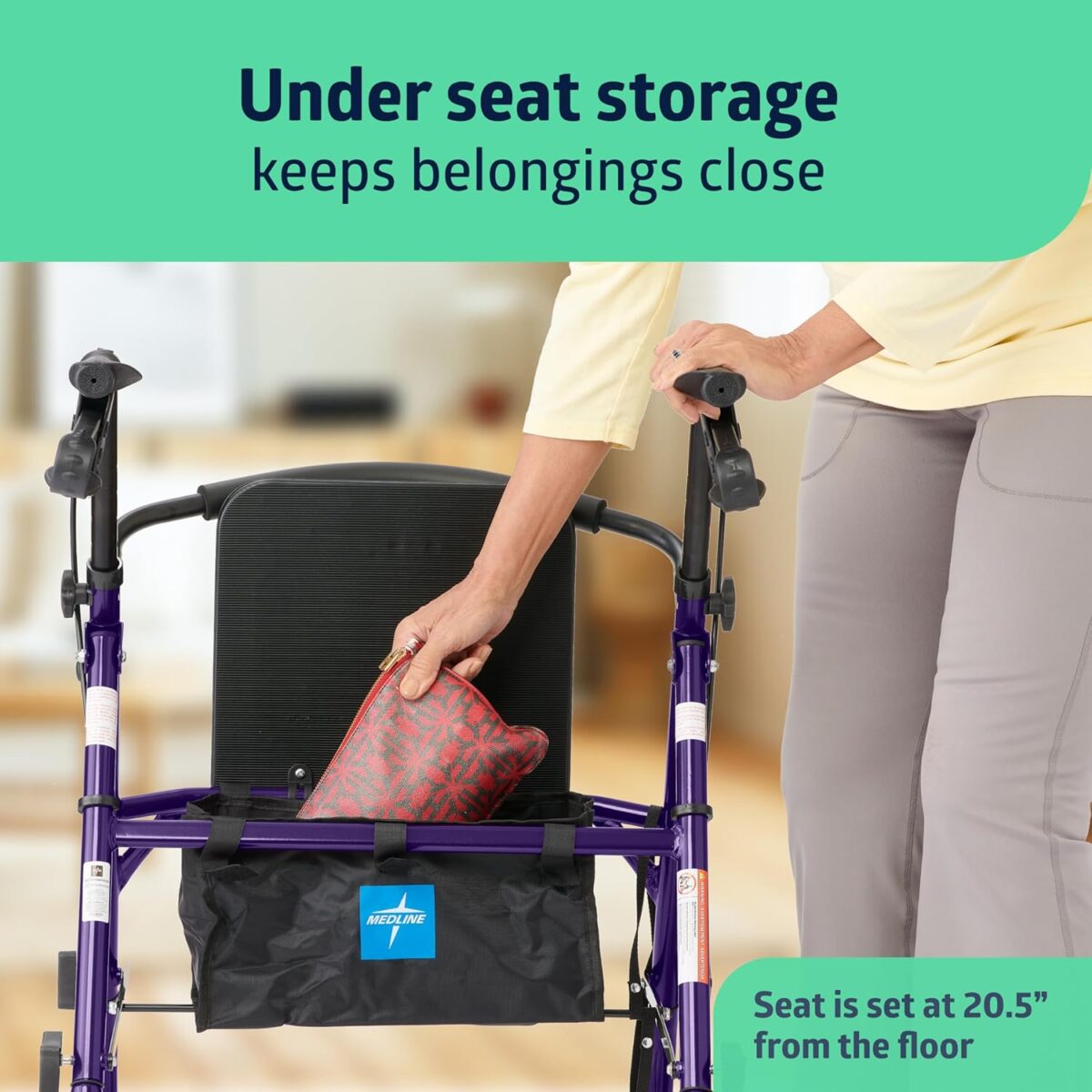 Medline Aluminum Rollator Walker with Seat, Purple, 250 lb. Weight Capacity, Lightweight, 6” Wheels, Foldable, Adjustable Handles, Rolling Walker for Seniors - Image 5