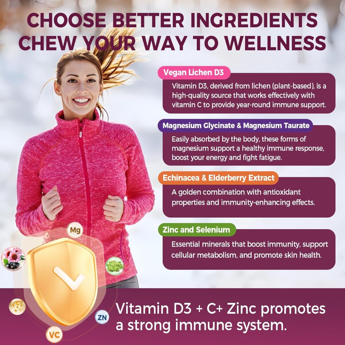 Immune Support Gummies with Echinacea, Sambucus Elderberry, Vitamin C + D3 + Zinc, Selenium, Magnesium, Daily Immunity Booster Multivitamin Gummies, for Boost Immunity, Power Antioxidant, Vegan 2 Pack - Image 5