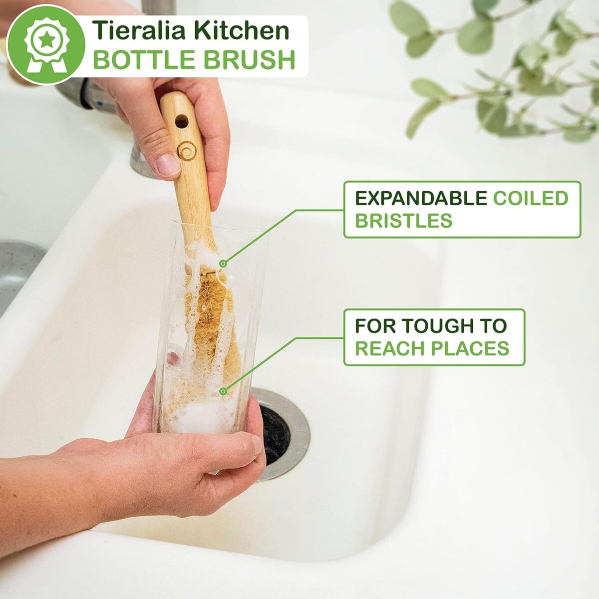 Tieralia 5-Piece Eco-Friendly Bamboo Dish Brush Set with Compostable Wood Pulp Sponges | Bamboo Kitchen Cleaning Set - Image 2