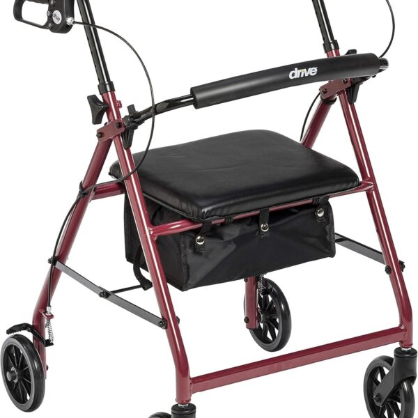 Drive Medical Aluminum Rollator Walker Fold Up and Removable Back Support, Padded Seat, 6" Wheels, Red