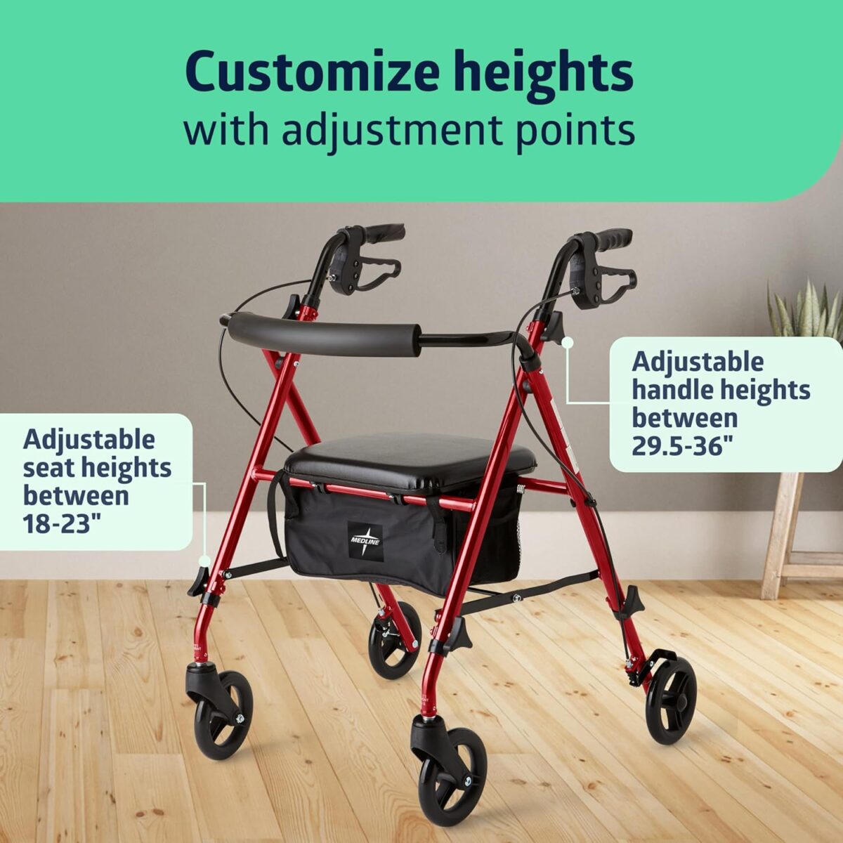 Medline Superlight Folding Aluminum Mobility Rollator Walker, Red, 250 lb. Weight Capacity, 6" Wheels, Adjustable Arms and Seat, Foldable Rolling Walker for Seniors - Image 3