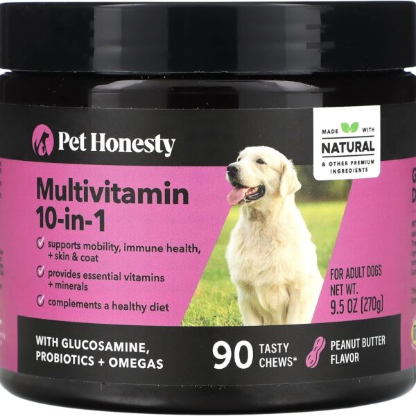 Pet Honesty Multivitamin Dog Supplement, Glucosamine chondroitin for Dogs, Probiotics, Omega Fish Oil, Dog Supplements & Vitamins, Vitamins for Skin and Coat Allergies, (Peanut Butter 90 ct)