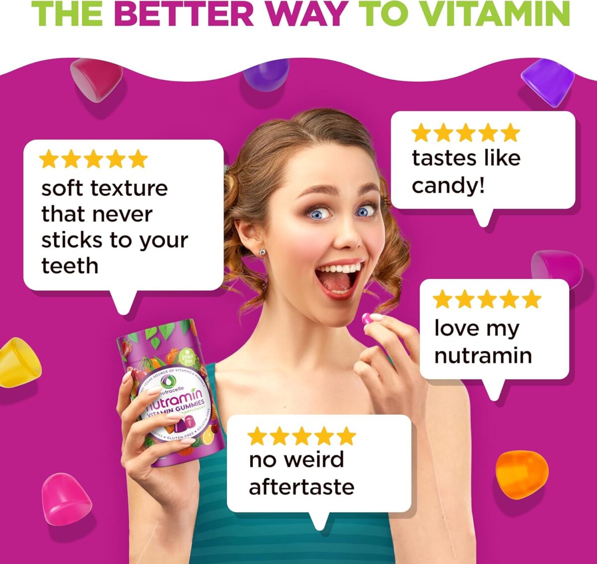 NUTRAMIN Daily Vegan Keto Multivitamin Gummies Non-GMO Natural Vitamin C, D + Zinc for Immunity, Plant-Based, Sugar-Free, Nut-Free, Gluten-Free, Biotin, Vitamin A, B, B6, B12 & More 90 Count, 45 Days - Image 6