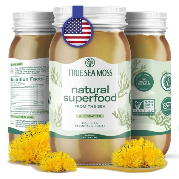 TrueSeaMoss Wildcrafted Irish Sea Moss Gel - Made with Dried Seaweed - Seamoss, Vegan-Friendly, Antioxidant Supports Digestion - Made in USA (Original, Pack of 1)