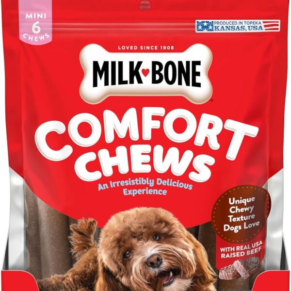 Milk-Bone Mini Comfort Chews, Rawhide Free Dog Treats with Unique Chewy Texture and Real Beef, 6 Mini Chews (Pack of 5)