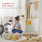 Tajsoon Laundry Cart with Hanging Rack, Metal Rolling Laundry Cart with Wheels and Storage Basket, Silver - Image 2