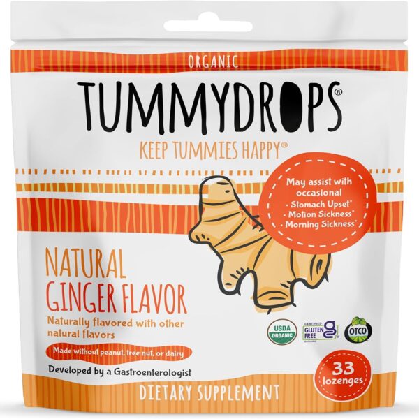 USDA Organic Natural Ginger Tummydrops, Gluten Free & Vegan, 33 Individually Wrapped Drops in a Resealable Bag