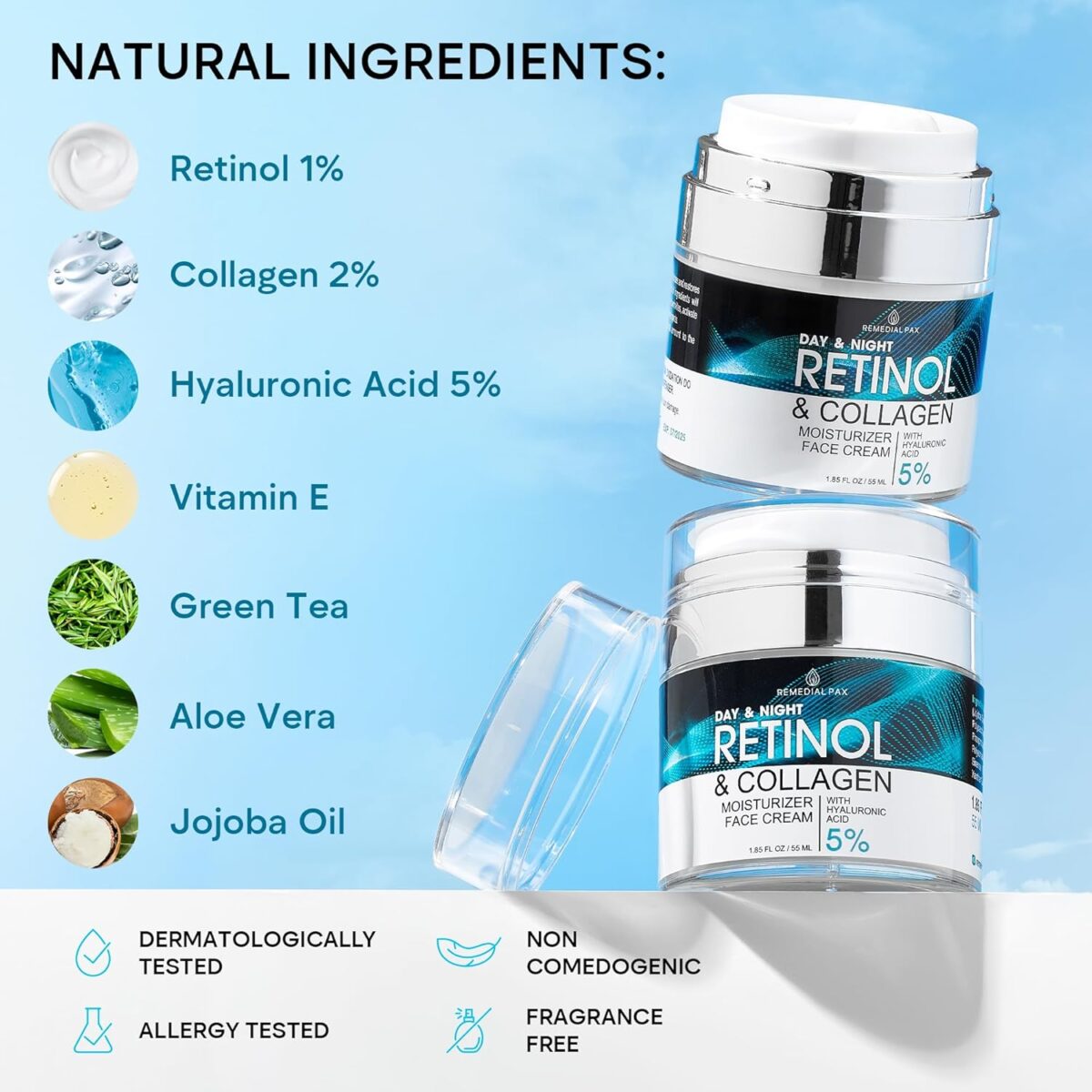 REMEDIAL PAX Face Moisturizer Retinol Cream, Anti Aging Neck Firming Cream, Collagen Day & Night Face Cream with Hyaluronic Acid for Women & Men, 1.85 Fl Oz - Image 3